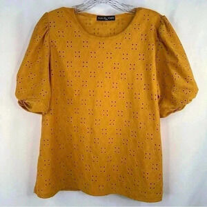 Kim & Cami Women Mustard Puff Sleeve Round Neck Eyelet Blouse Stretch Top Size S